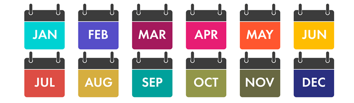 Yearly calendar icons set. All twelve months with names in abbreviated form