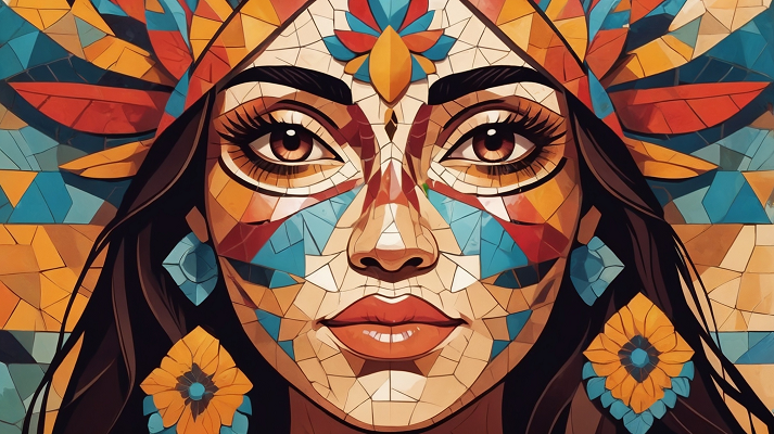 Stylized mosaic abstract of Mexican woman&rsquo;s face and folklore motifs.