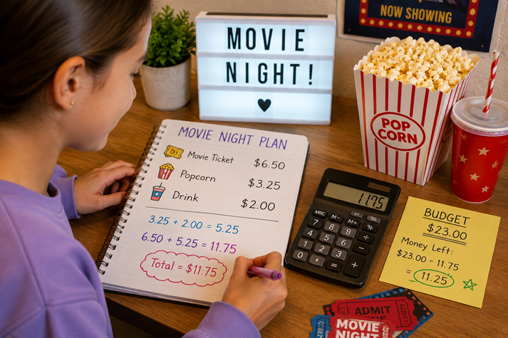A rectangular image showing a student planning a movie night with a notebook, calculator, popcorn, and prices written beside items.