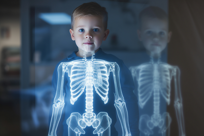 Generative AI image of happy child at MRI machine in hospital