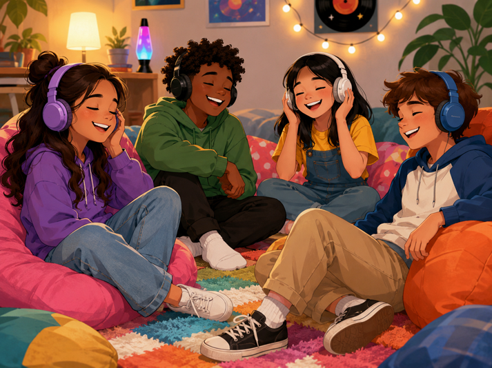 Cozy hangout with music and friends