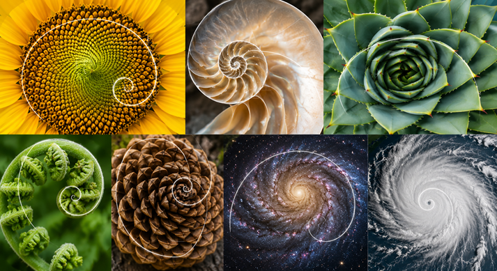 Close-up of a sunflower and seashell side-by-side with glowing spiral lines showing Fibonacci patterns.