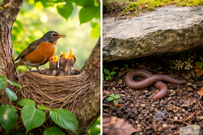 Nature's contrast: bird's nest and earthworm