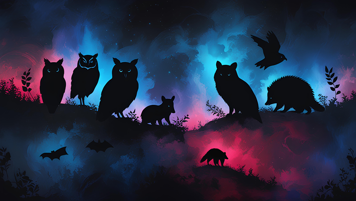 Breathtaking fantasy scene features the black silhouettes of various nocturnal forest animals—like owls, foxes, and hedgehogs—on a hilly landscape.