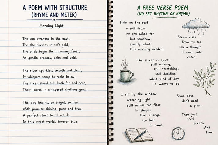 A split image—one side shows a perfectly lined poem with equal spacing, the other shows uneven lines scattered creatively across a page.