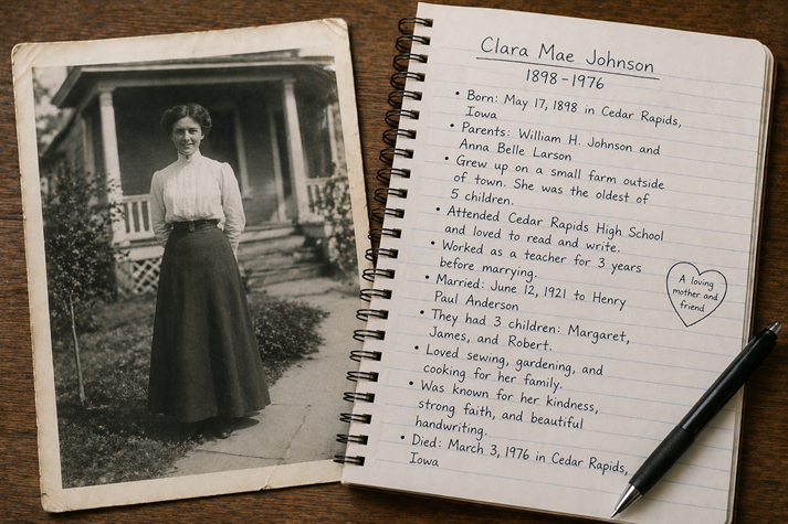 Old black-and-white photo next to a modern notebook with handwritten notes describing the person’s life story