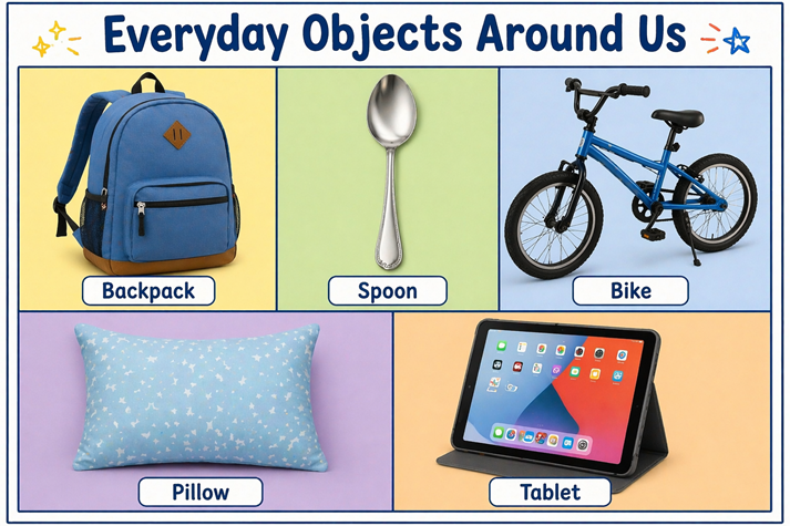 A rectangular layout showing everyday objects like a backpack, spoon, bike, pillow, and tablet arranged in a neat grid.