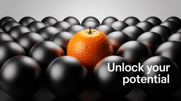 Stand out from the crowd: An orange fruit boldly distinguishes itself from a sea of black spheres, representing unique potential