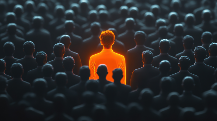 A solitary illuminated figure in vibrant orange stands out in a sea of faceless statues, symbolizing uniqueness and individuality amidst conformity.