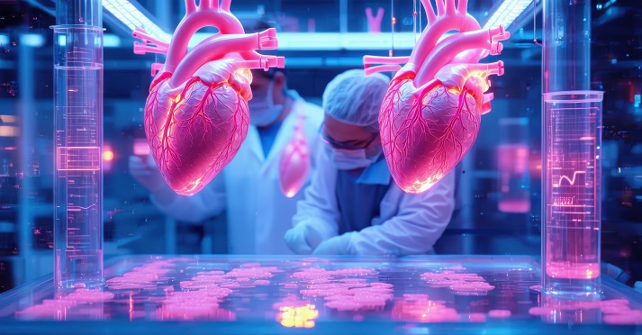 growing synthetic organs Biotech scientist growing synthetic organs in floating lab glowing pink artificial hearts suspended in liquid