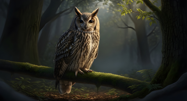 Full body owl standing in shadowy forest with soft ambient light, emphasizing silent nocturnal presence and mysterious woodland ambiance.