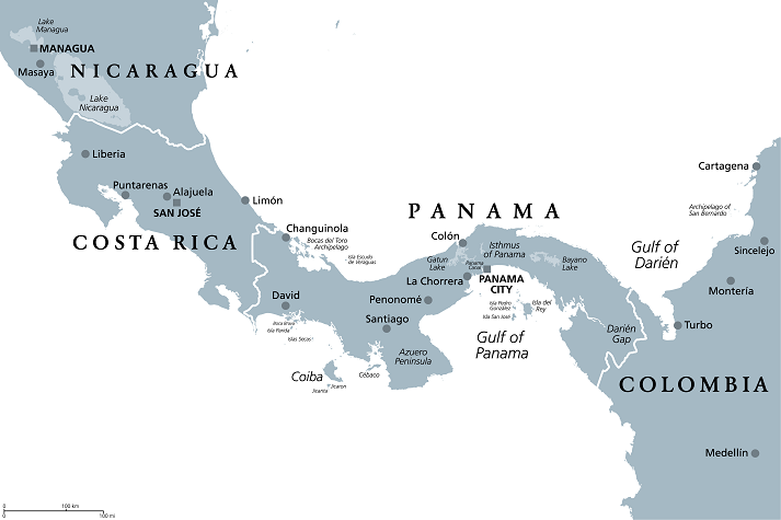 Costa Rica and Panama, gray political map, with the Isthmus of Panama and the Darien Gap. Narrow strip of land and region between the Caribbean Sea and Pacific Ocean, linking North and South America
