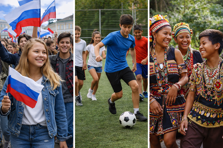 A split image showing teens in different countries participating in daily activities (festivals, sports, traditional clothing)