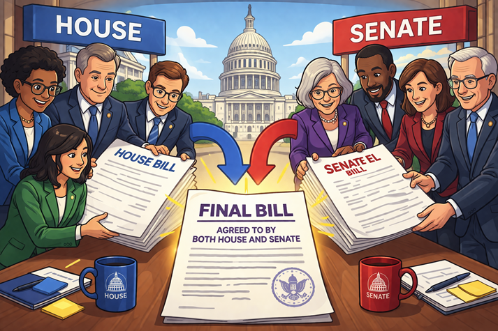Two groups labeled “House” and “Senate” merging papers into one final document