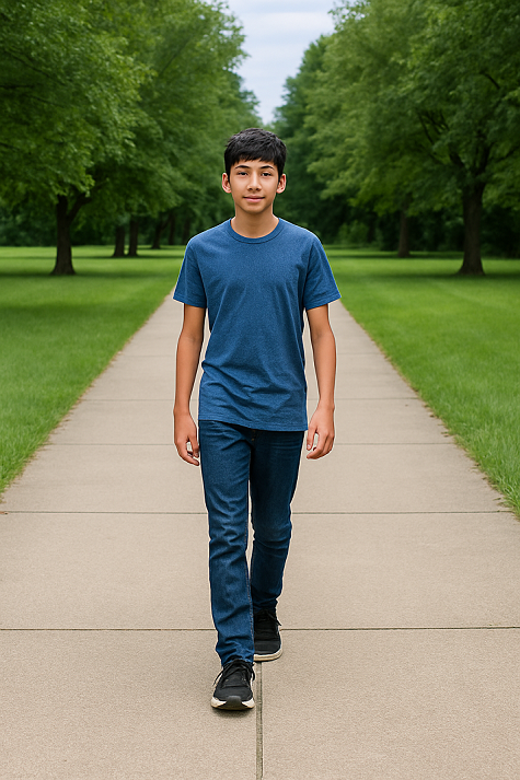 boy walking down a path through a tree-lined park