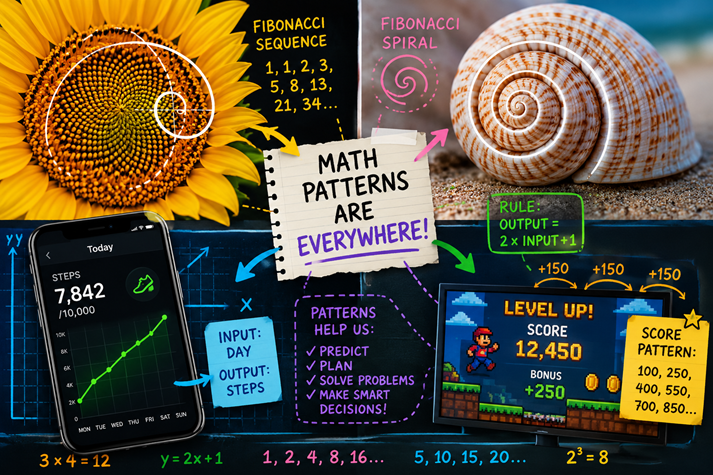 A bright collage showing a sunflower spiral, a seashell, a smartphone fitness graph, and a video game score screen with colorful math patterns connecting them.