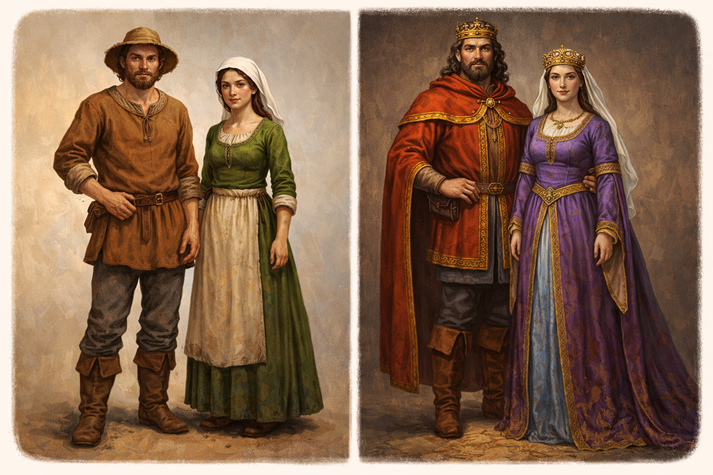 Side-by-side clothing comparison of a peasant outfit and a noble outfit