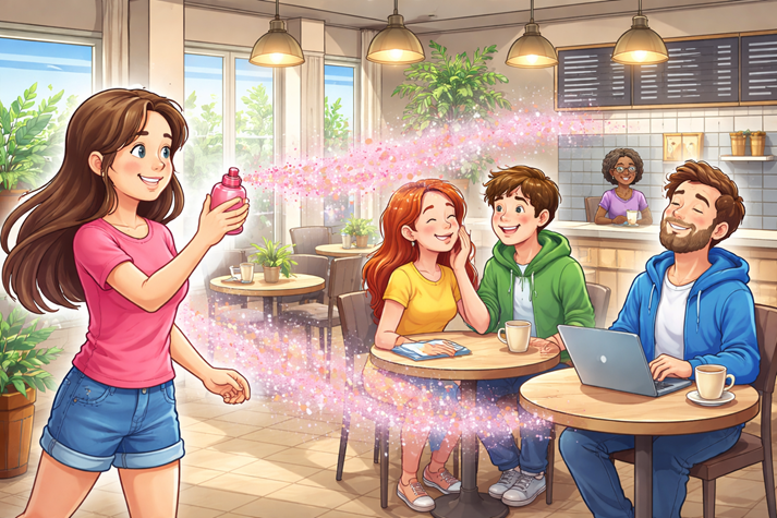 wide scene of a person spraying perfume in a room, with particles spreading outward to others across the space