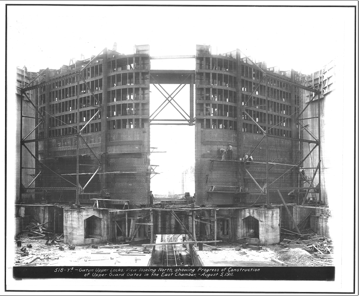 Vintage photograph of the Panama Canal lock gates.