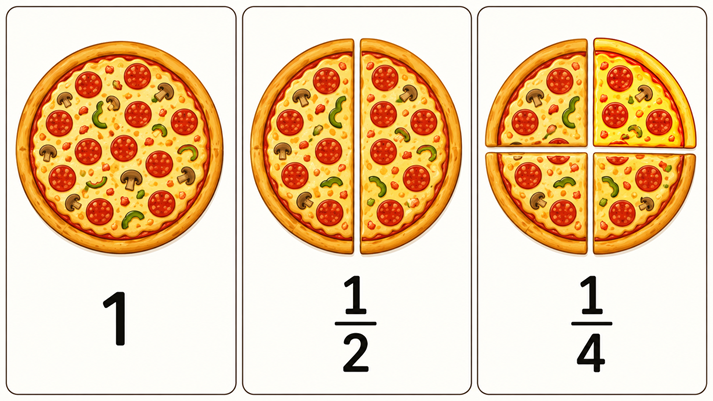 Pizza fractions: whole, half, and quarter