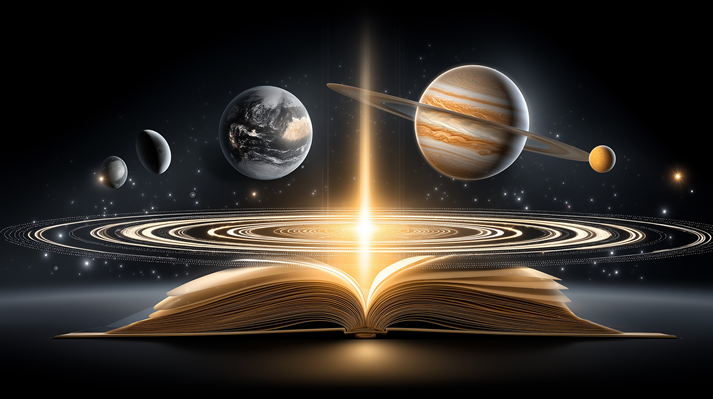 An open book illuminates the cosmos, with planets aligned,