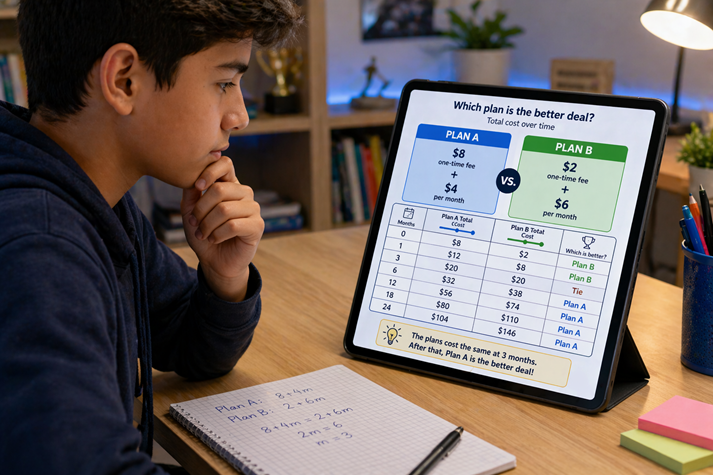 student comparing two subscription plans on a tablet, watching costs change over time