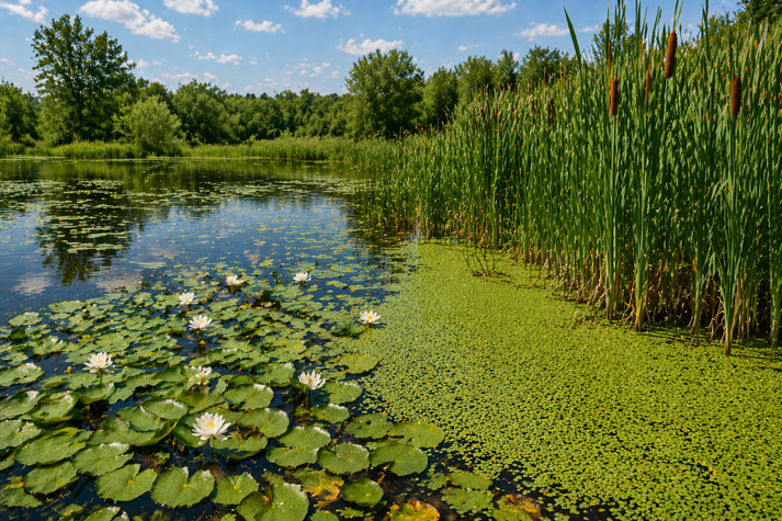 wide scene of a pond filled with water lilies, duckweed covering part of the surface, and tall cattails growing along the edge