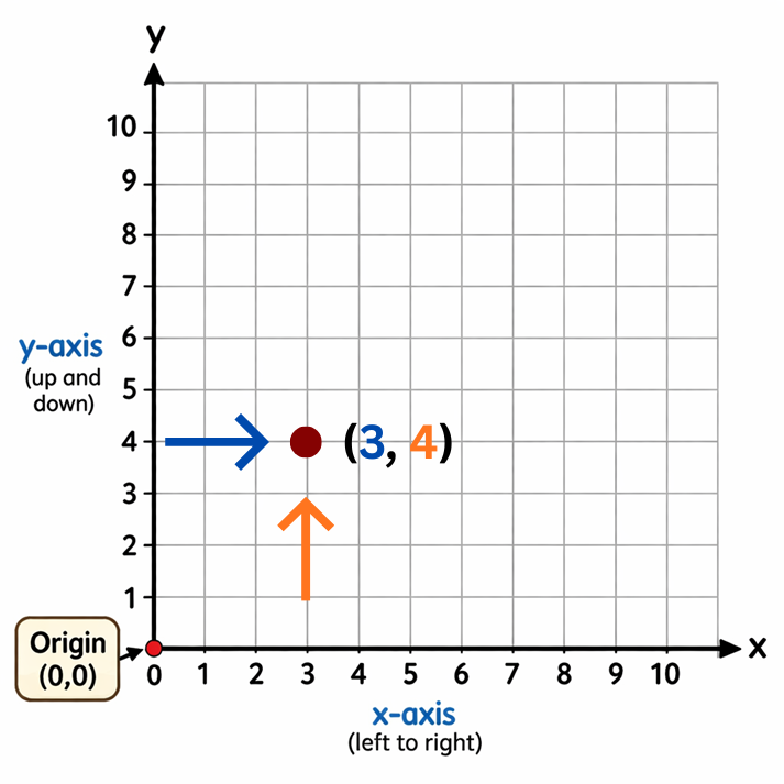 Step-by-step arrows showing movement from (0,0) to (3,4)