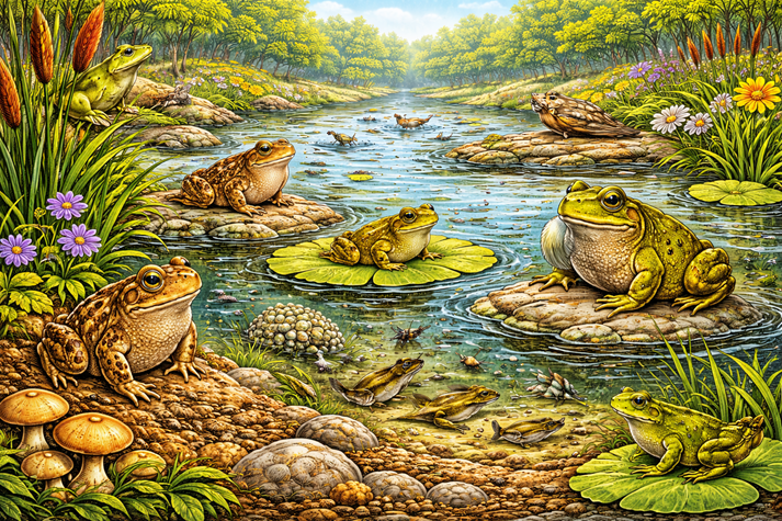 frogs and toads in a pond