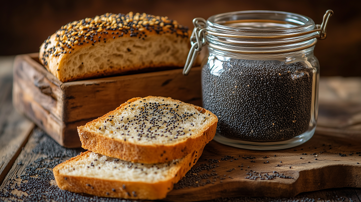 A glass jar filled with poppy seeds, next to freshly baked bread topped with golden sesame and poppy seeds