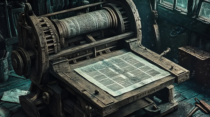 A detailed drawing of an old printing press, done in a classic style that looks like it was made with scratchboard.