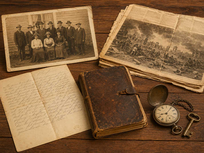 Antique memories on wooden tabletop