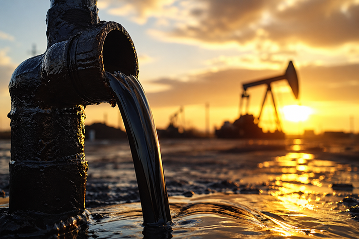 close-up of thick, dark oil being pumped from the ground with a shiny gold glow effect in the background.