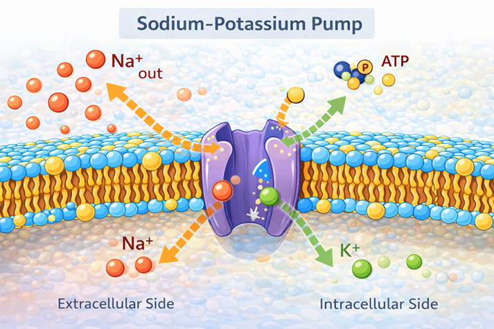 A detailed diagram showing the sodium-potassium pump with arrows moving 3 sodium ions out and 2 potassium ions in