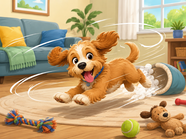 Playful puppy race in cozy living room