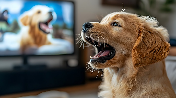 Enthusiastic Puppy Barking at TV Screen, Captivated by Animal on Show