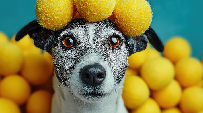  A charming dog is captured with tennis balls on its head, surrounded by many balls, radiating energy and playful delight