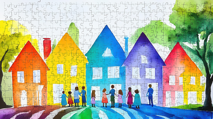 Diverse society puzzle with colorful houses and families, Watercolor style
