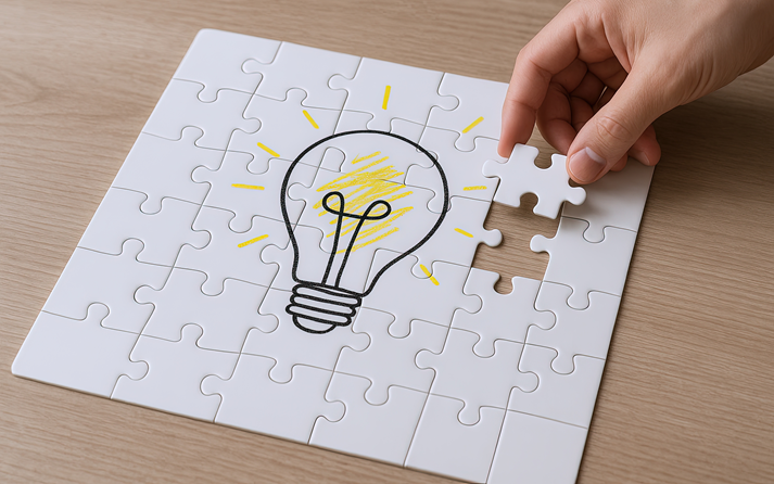 Hand placing last piece into puzzle with illuminated light bulb sketch on white background