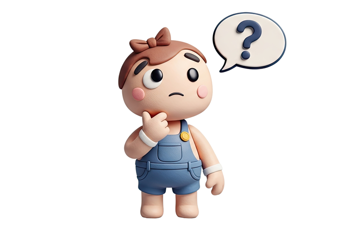 curious child with a bow in its hair, thoughtfully holding its chin while a large question mark appears in a speech bubble