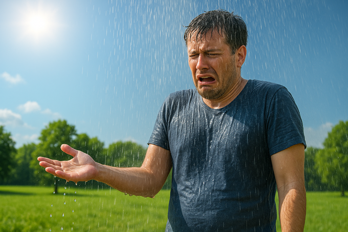 man caught in the rain on a sunny day