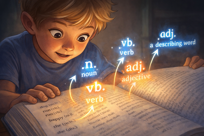 a child looking at a dictionary where abbreviations glow like secret clues (n., vb., adj.) with arrows pointing to their meanings.
