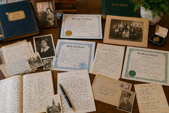A neatly arranged collection of documents like birth certificates, old letters, and photos spread across a table.