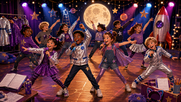 Space-themed kids' stage rehearsal fun