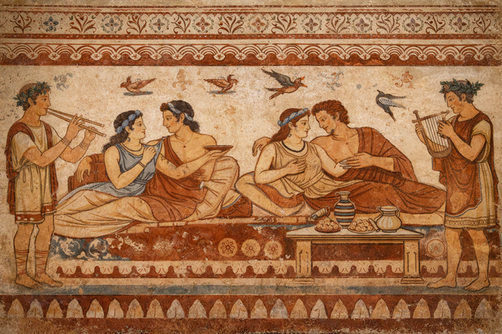 A recreated Etruscan tomb mural showing a feast with people reclining and musicians playing instruments.