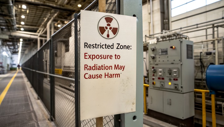 restricted area A safety sign indicating a restricted zone due to potential radiation exposure, located in an industrial facility.