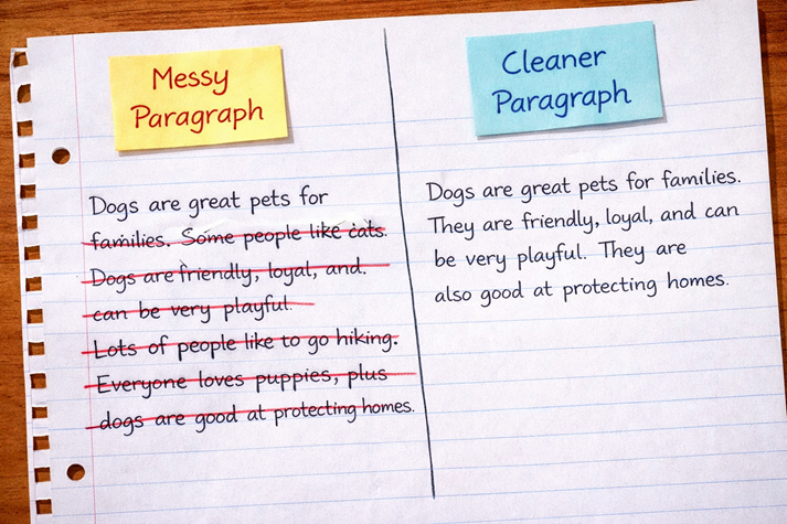 A messy paragraph with extra sentences crossed out, next to a cleaner version.
