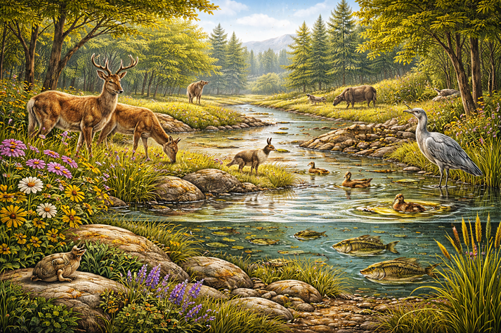 wide scene with multiple animals and plants living together in one environment