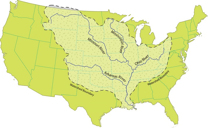 Mississippi River to New Orleans map of the Mississippi River ending in the port of New Orleans