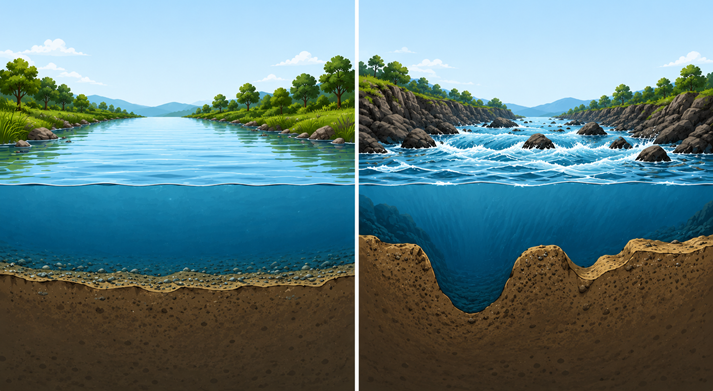 Calm vs rapid river comparison